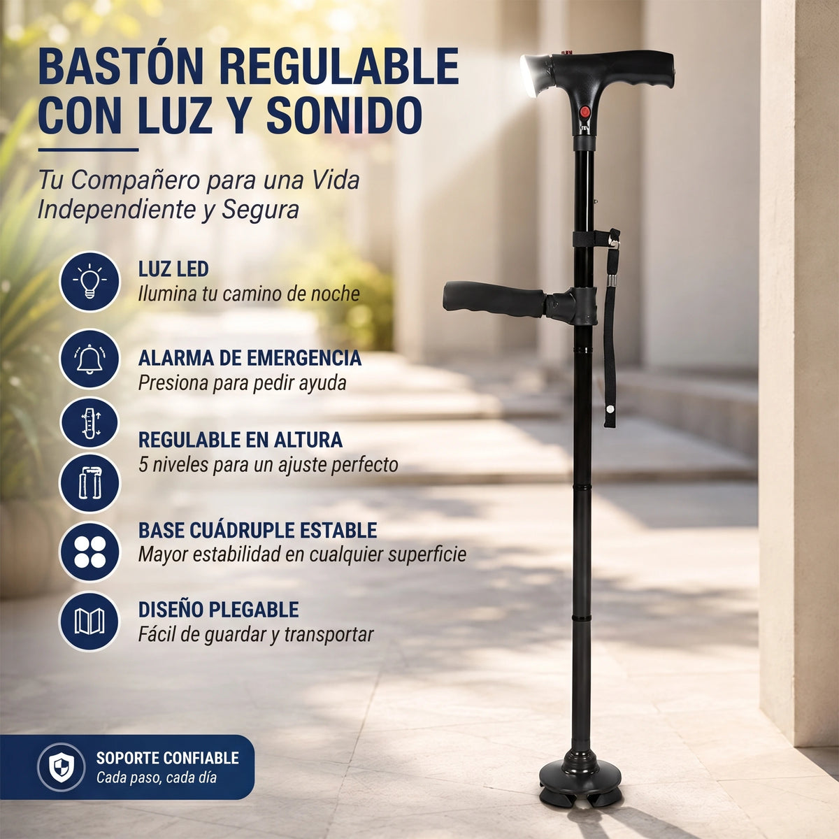 Bastón Plegable con luz led y alarma🦯✨