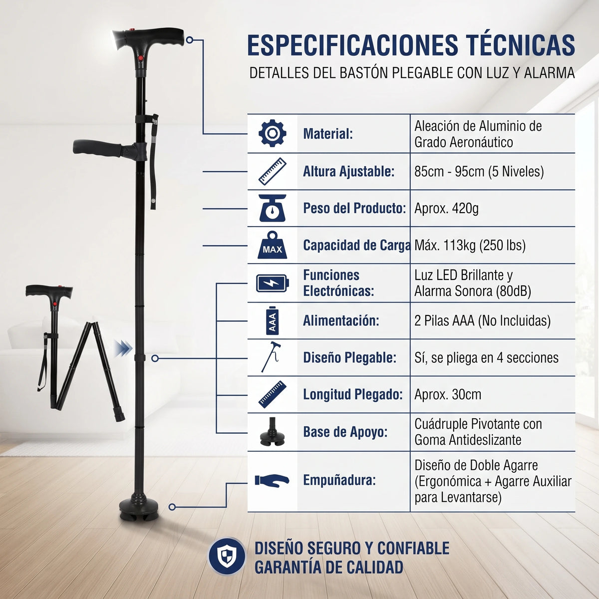 Bastón Plegable con luz led y alarma🦯✨