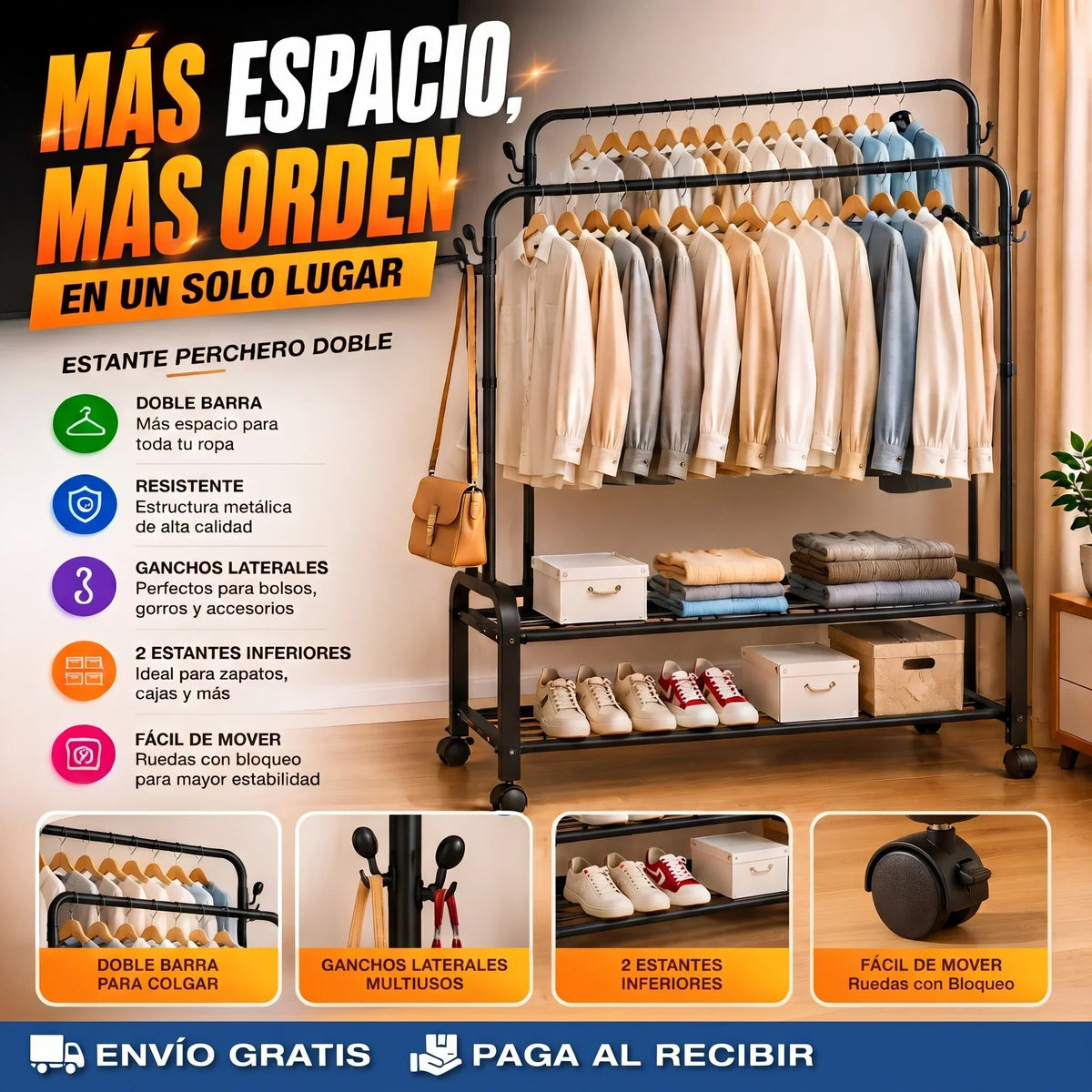 Estante Perchero Doble de acero inoxidable 58kg🏡✨